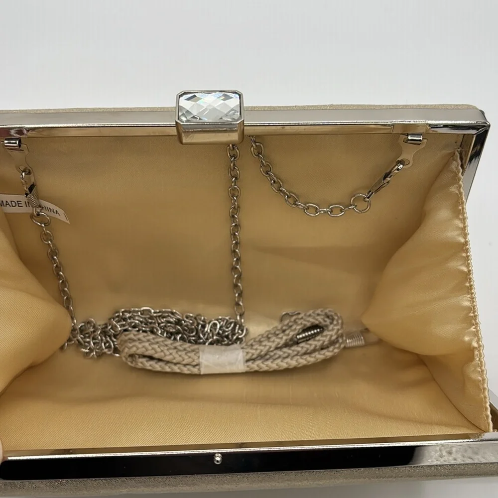 Gold Metallic Clutch with Rhinestone Look Clasp - Sliver Chain Strap -Elegant!